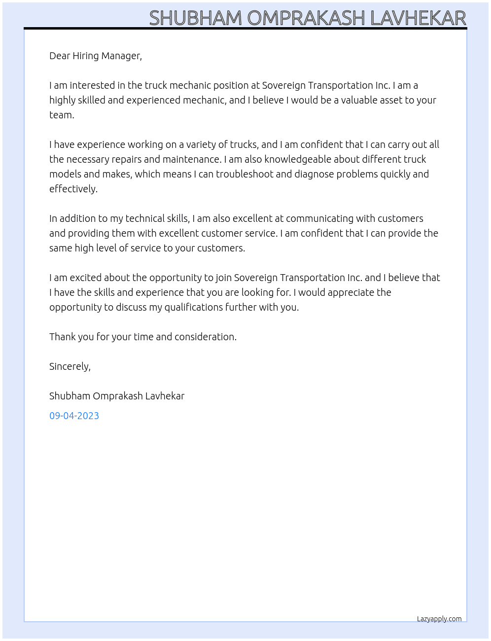 Truck Mechanic  At Sovereign Transportation Inc. Cover Letter
