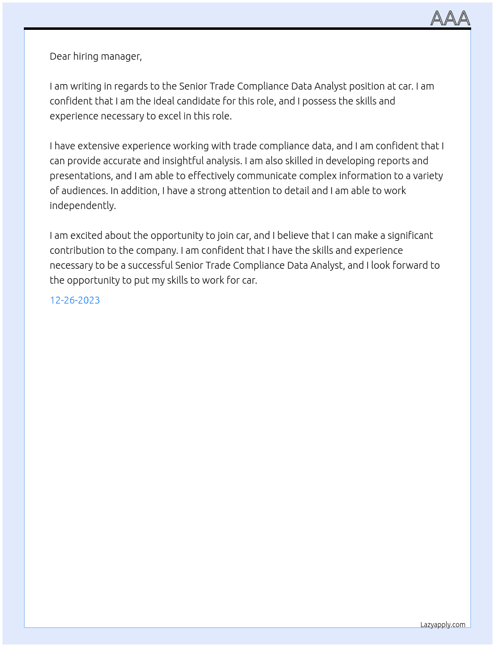  Senior Trade Compliance Data Analyst  At car Cover Letter