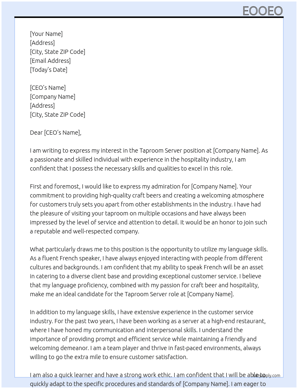 taproom server At lbpup Cover Letter
