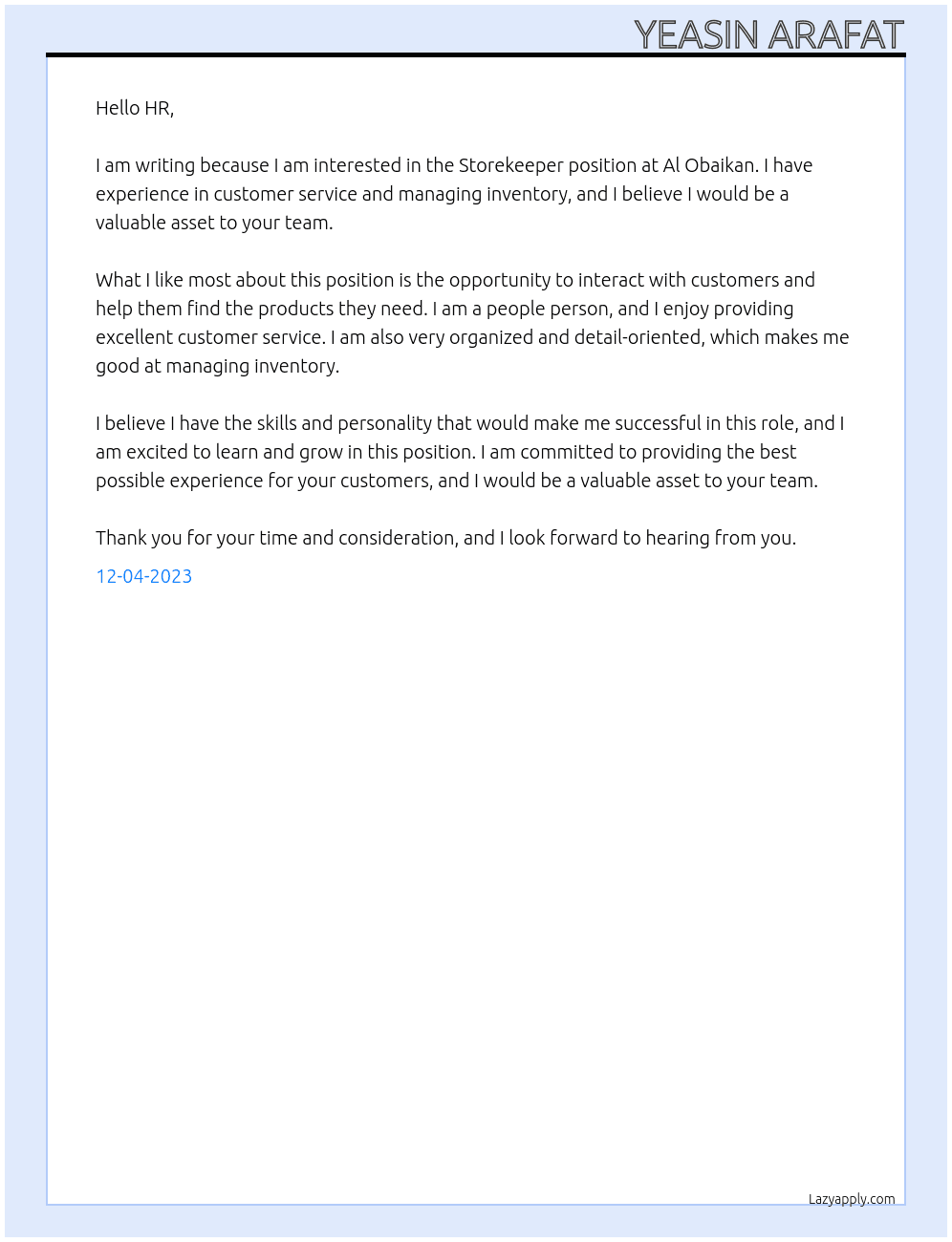 Storekipper At al obaikan Cover Letter