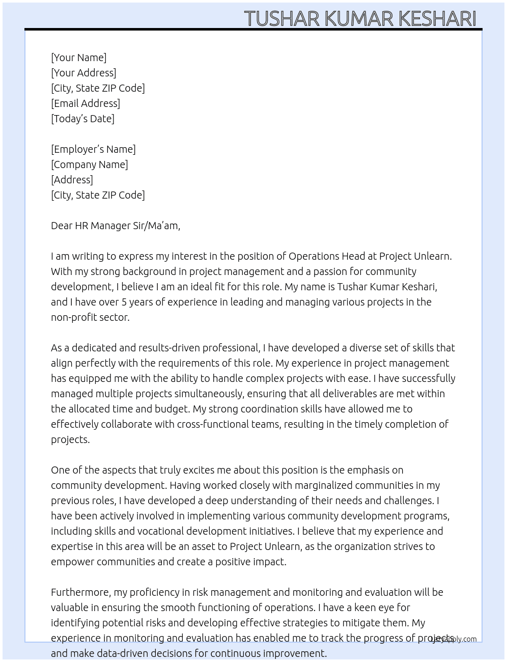 Operations Head  At Project Unlearn Cover Letter