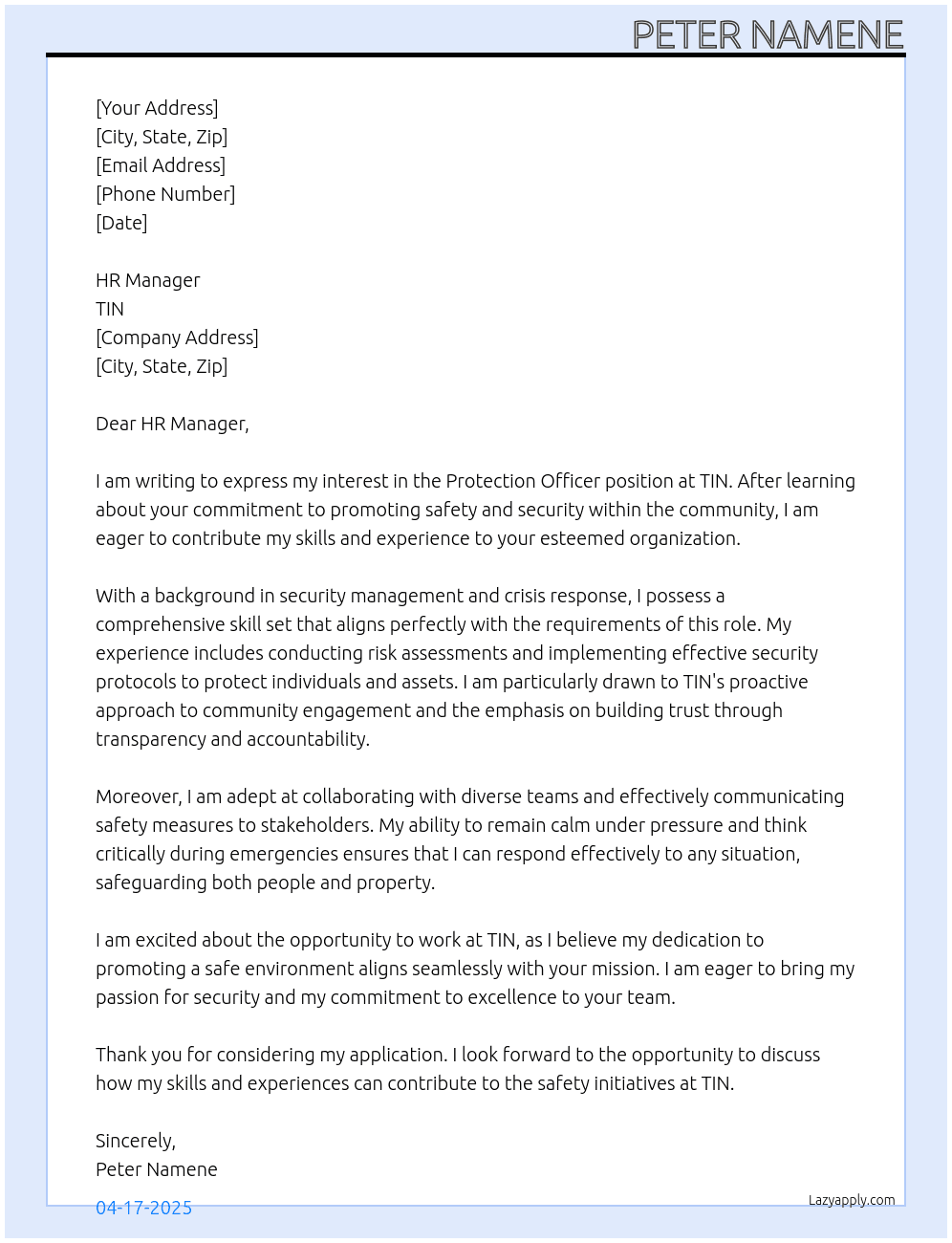 Protection Officer At TIN Cover Letter