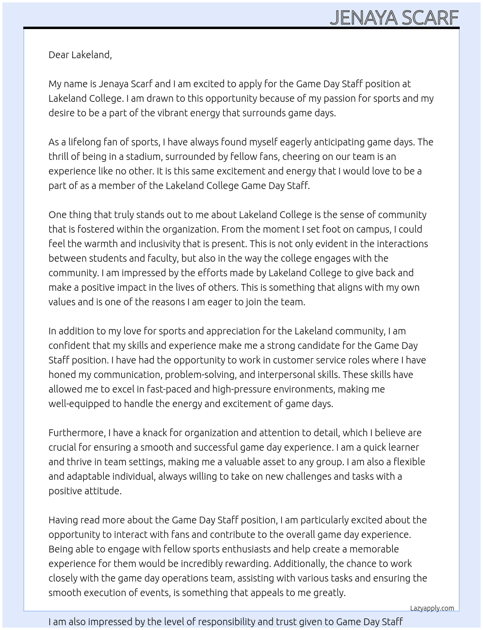 Game day staff At Lakeland College Cover Letter