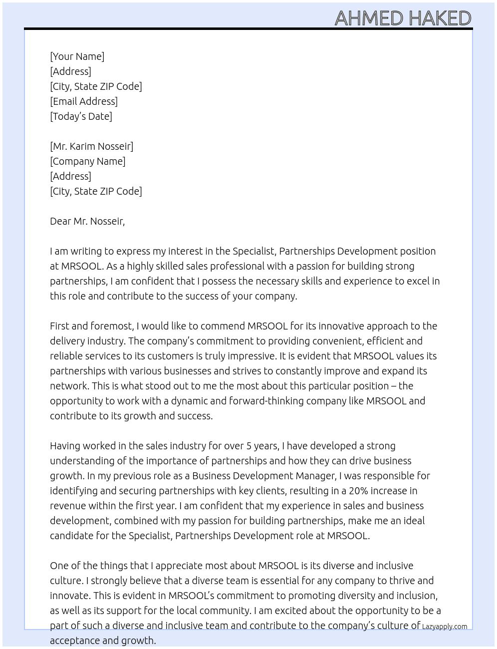Specialist, Partnerships Development (Sales) At MRSOOL Cover Letter