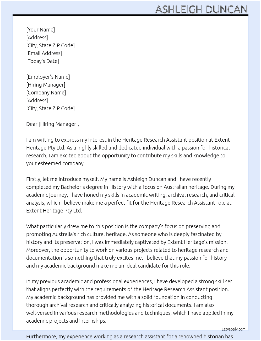 Heritage Research Assistant At Extent Heritage Pty Ltd. Cover Letter