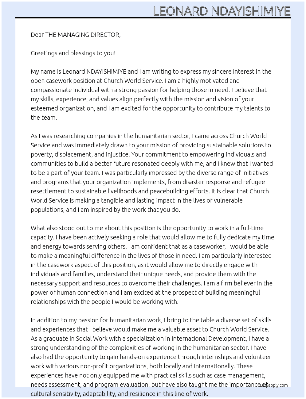 casework At Church World Service Cover Letter