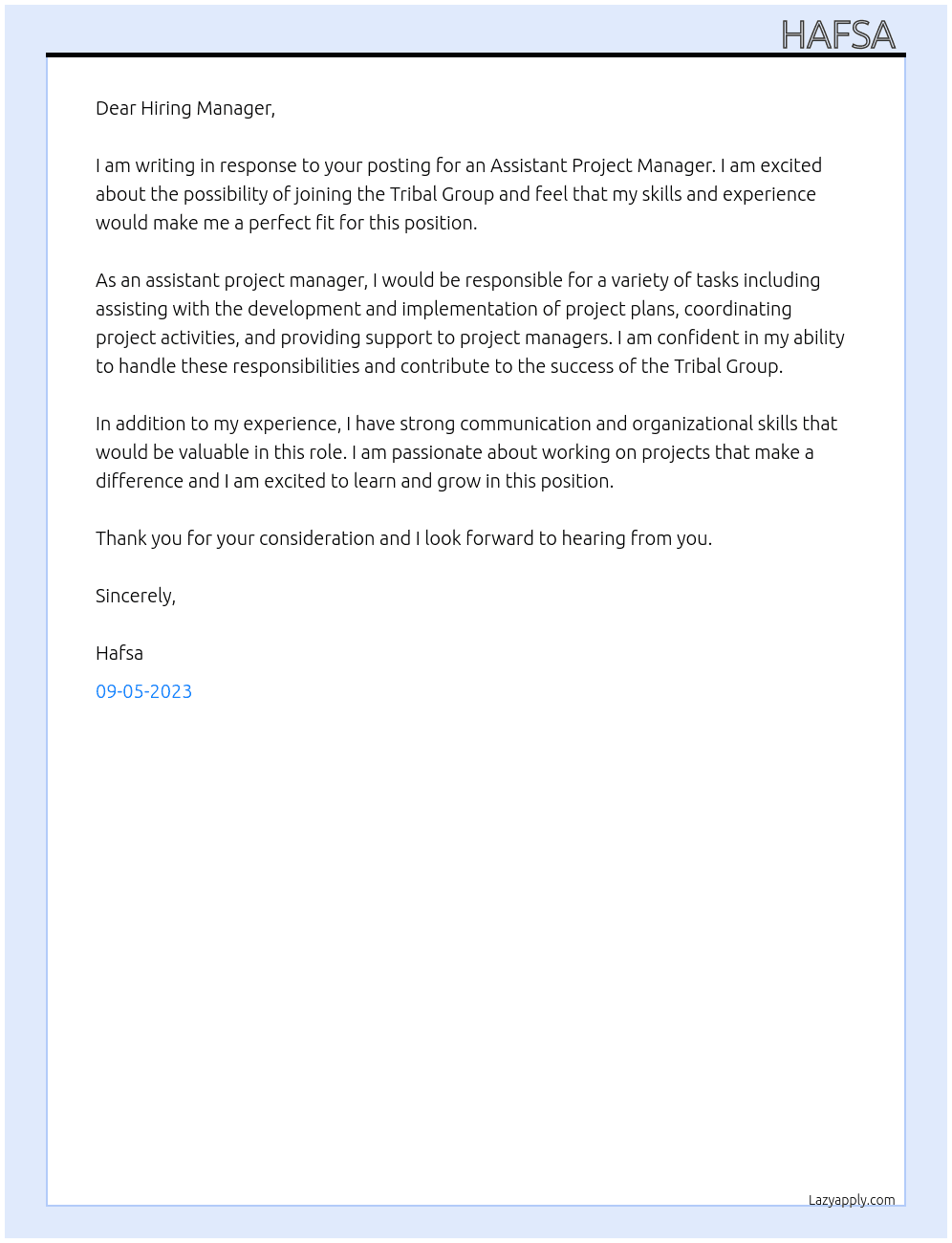 Assistant project manager  At Tribal Group Cover Letter