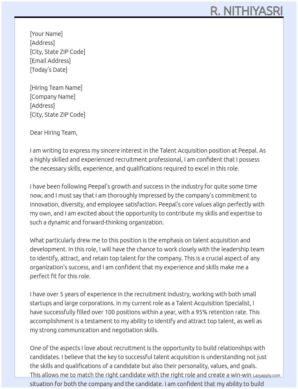 Talent acquisition At Peepal Cover Letter