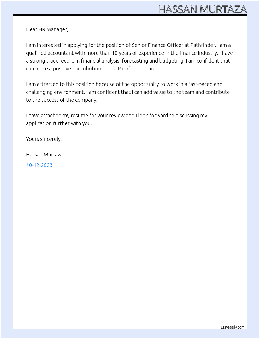 Senior Finance Officer At Pathfinder Cover Letter