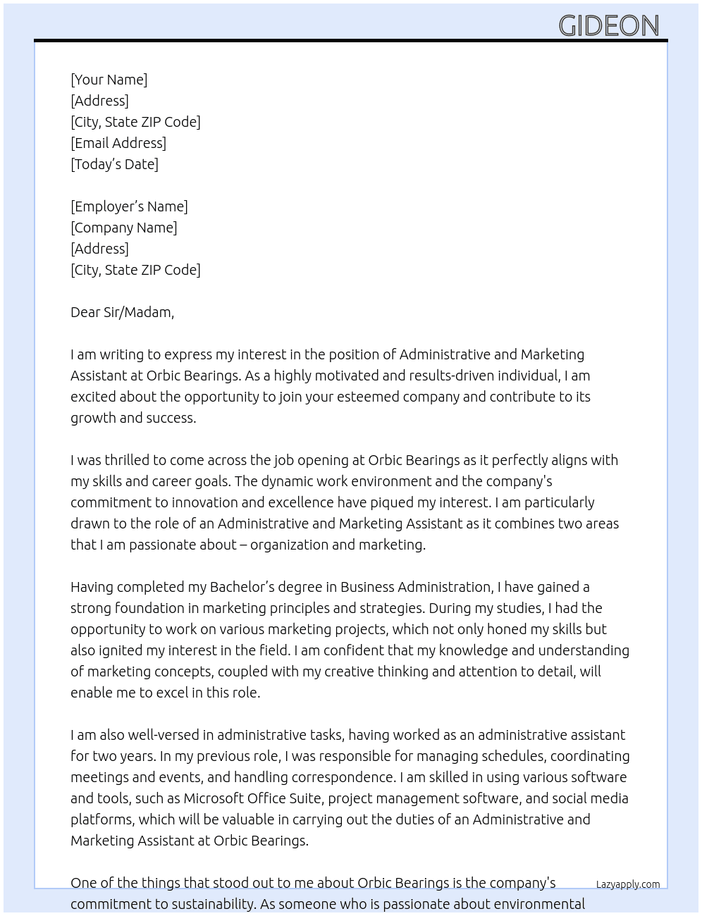 Administrative and Marketing Assistant At Orbic Bearings Cover Letter