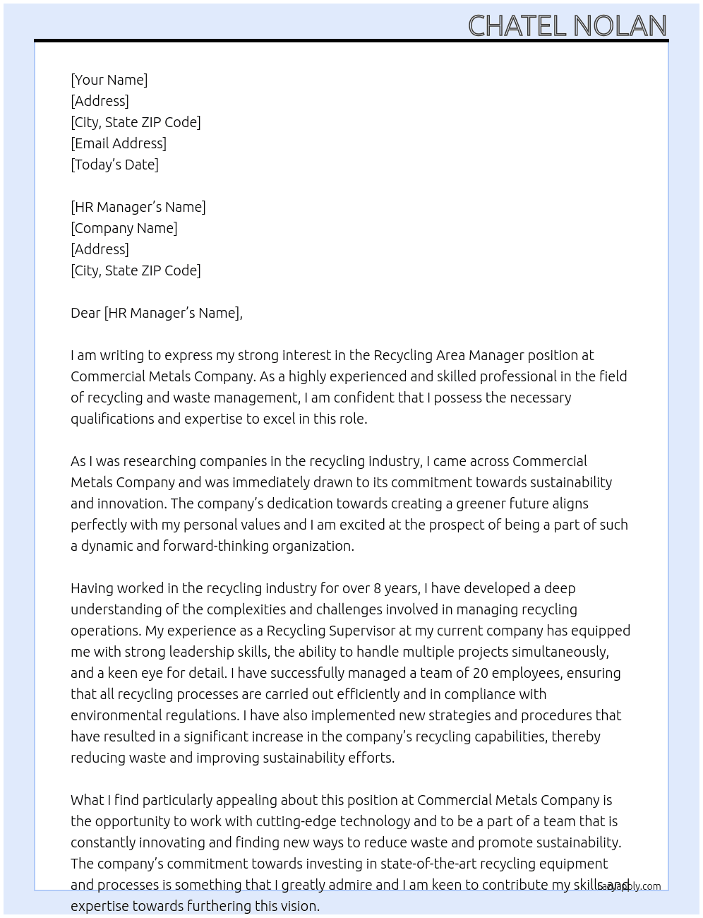 Recycling Area Manager At Commercial Metals Company Cover Letter