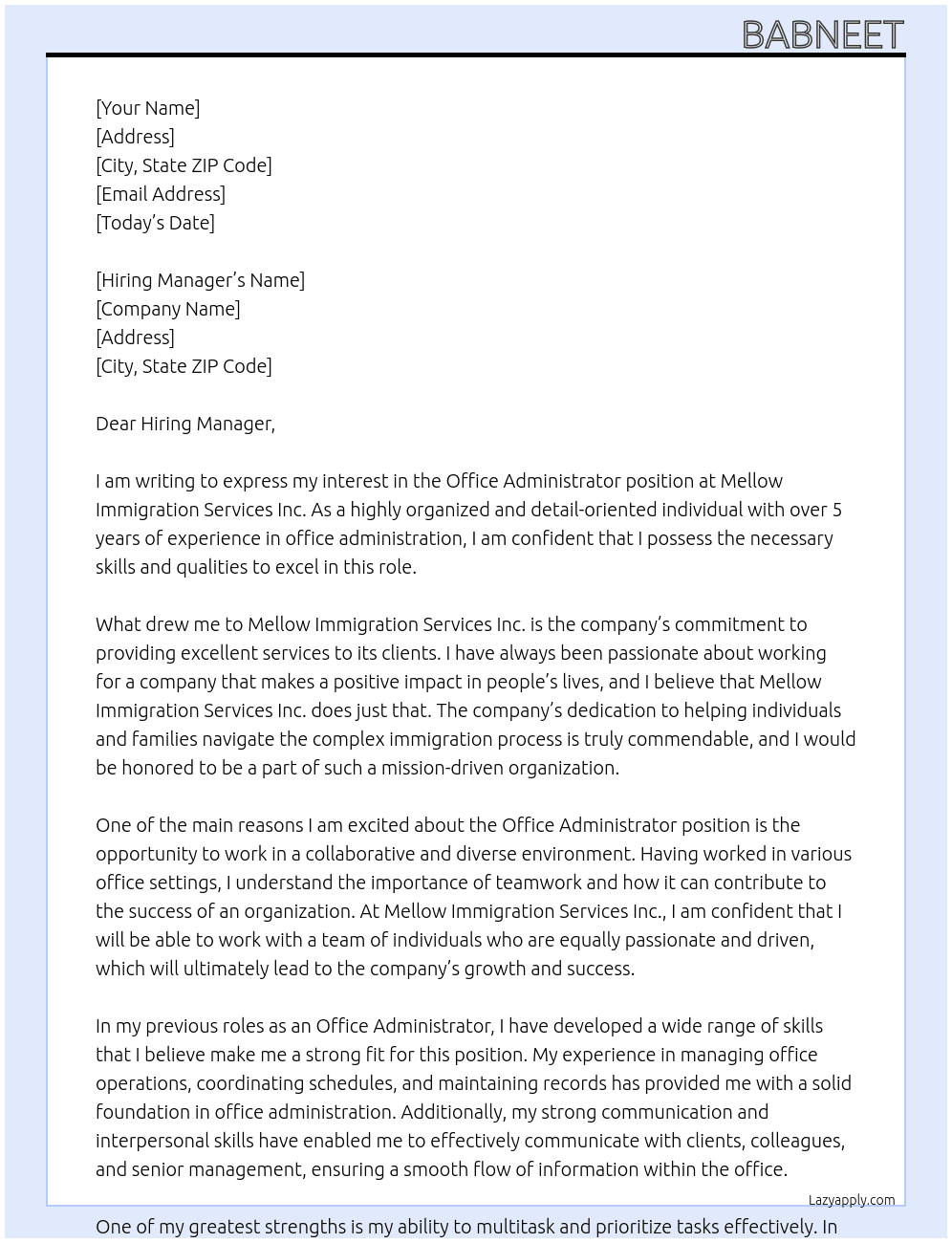 Office administrator At Mellow Immigration Services Inc Cover Letter