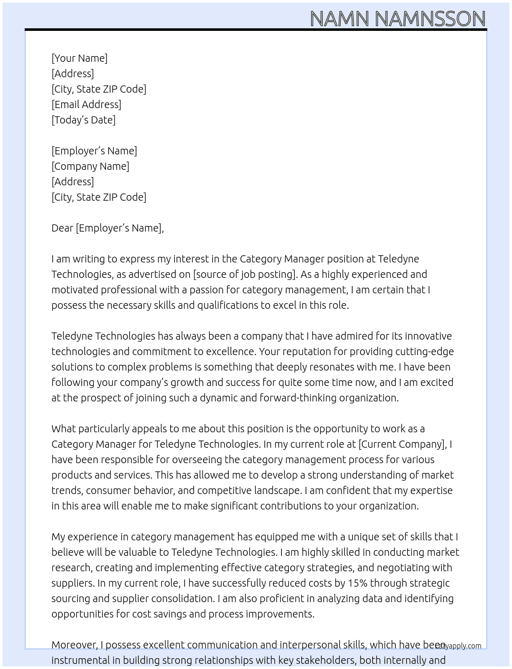 Category Manager At Teledyne Technologies Cover Letter