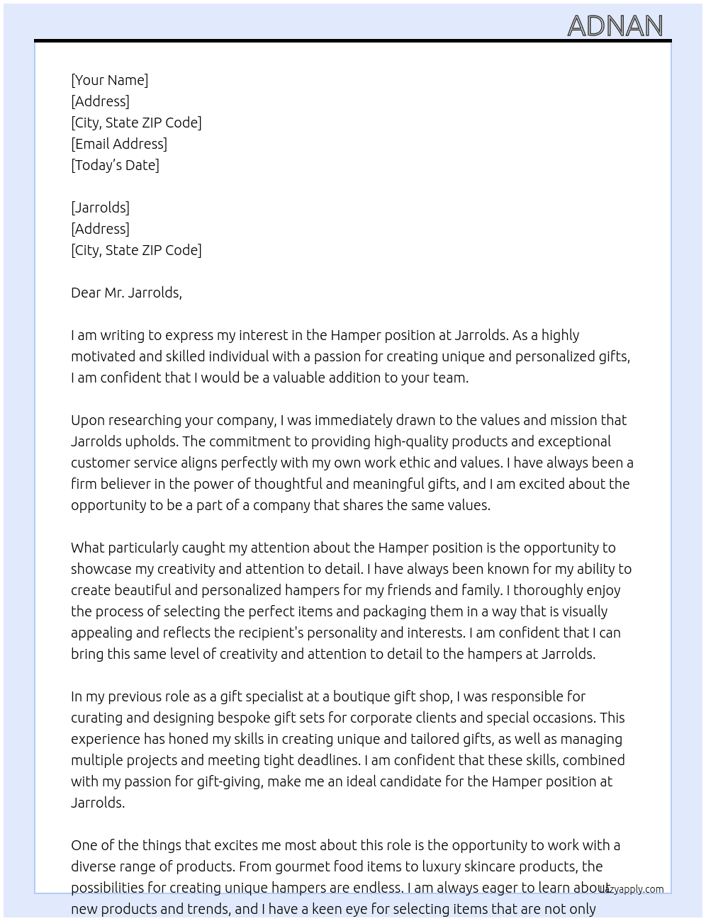 Hamper  At Jarrolds Cover Letter