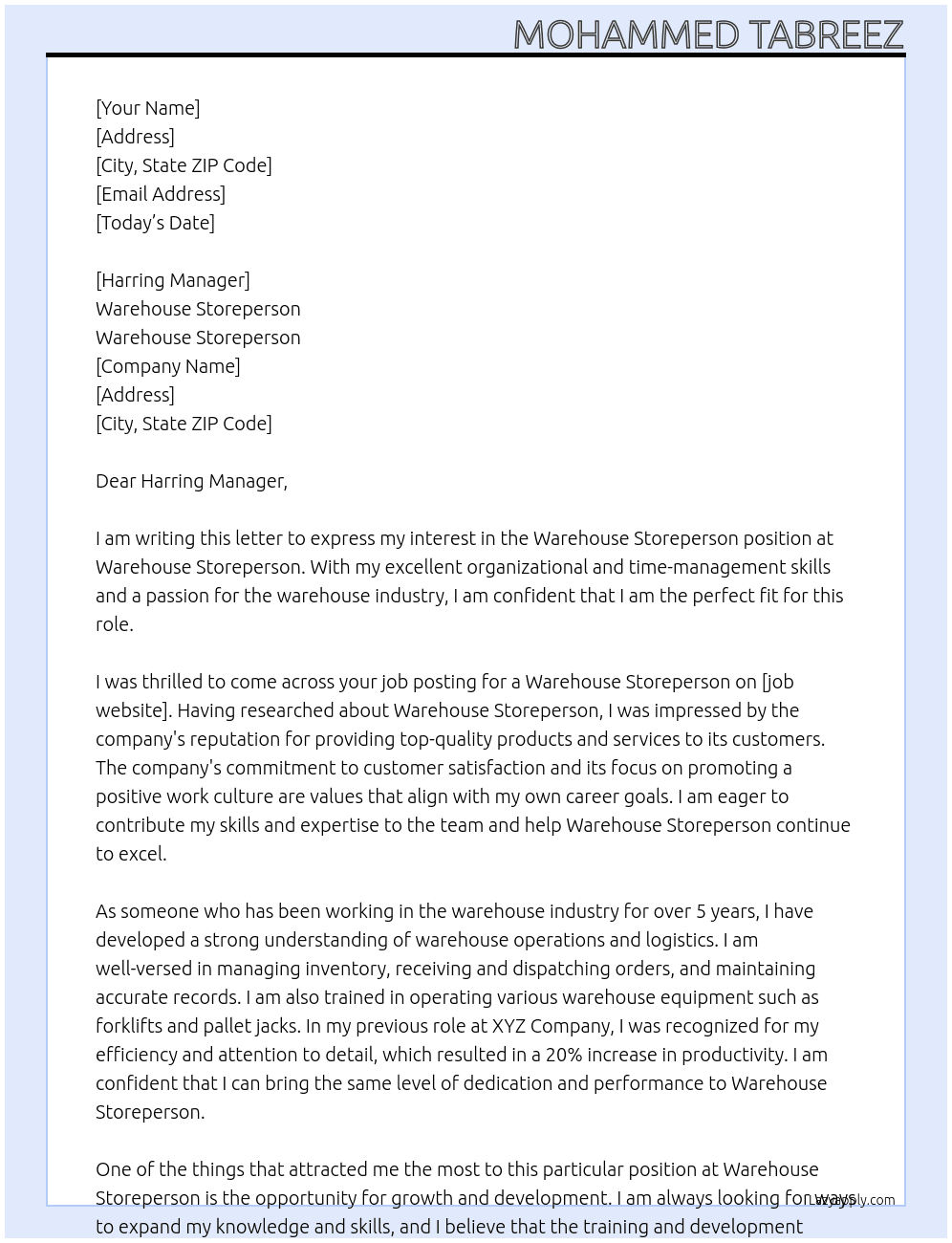 Warehouse storeperson  At Warehouse stor person  Cover Letter