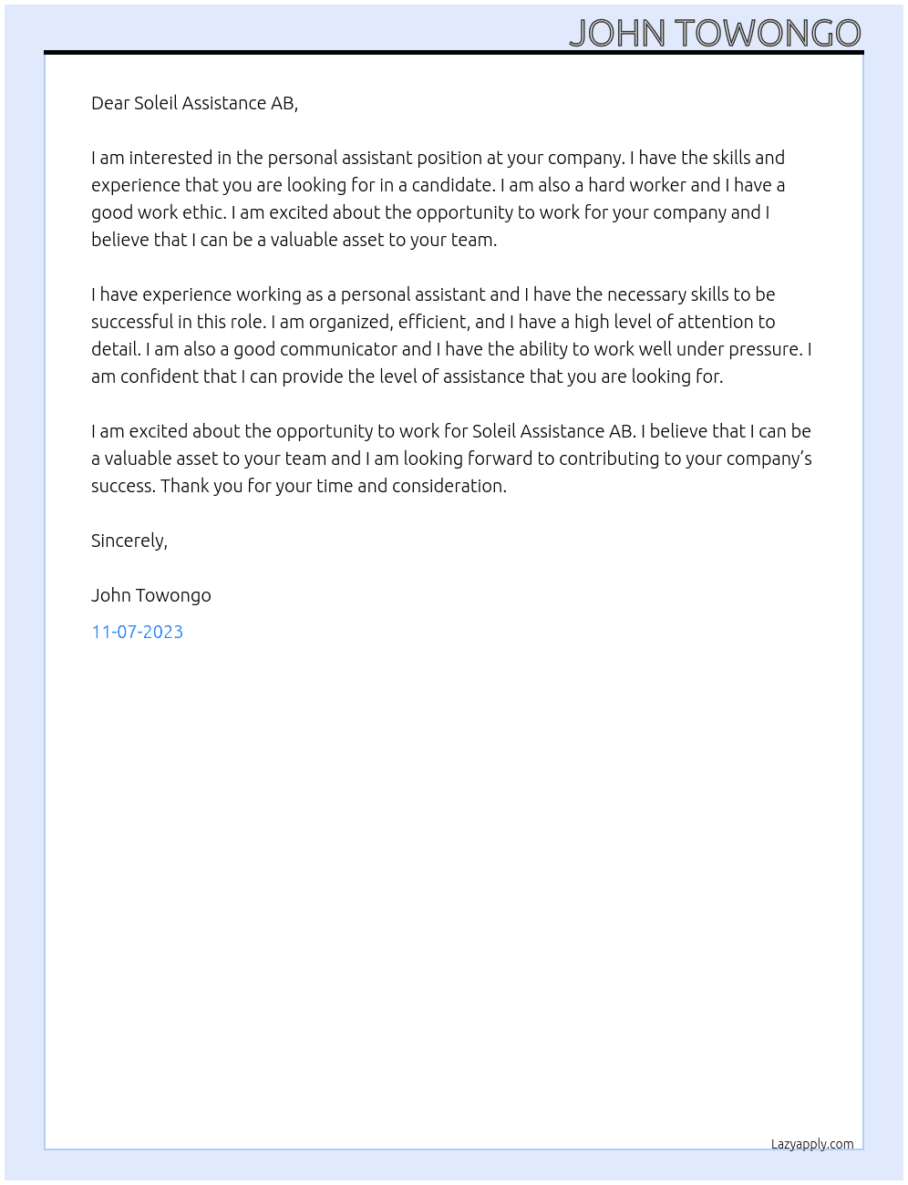 Personal Assistant At Soleil Assistance AB Cover Letter