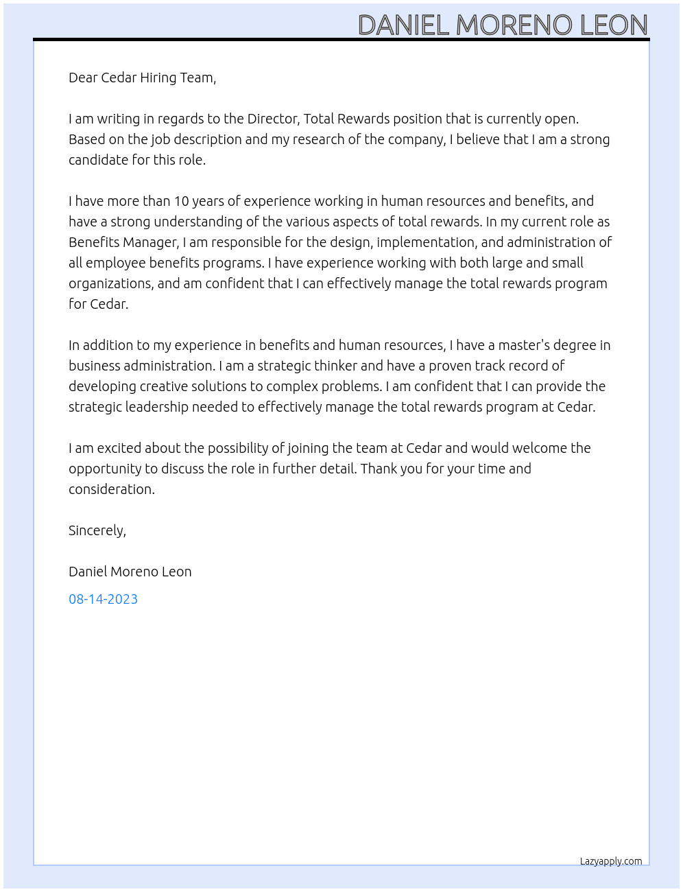 Director, Total Rewards At Cedar Cover Letter