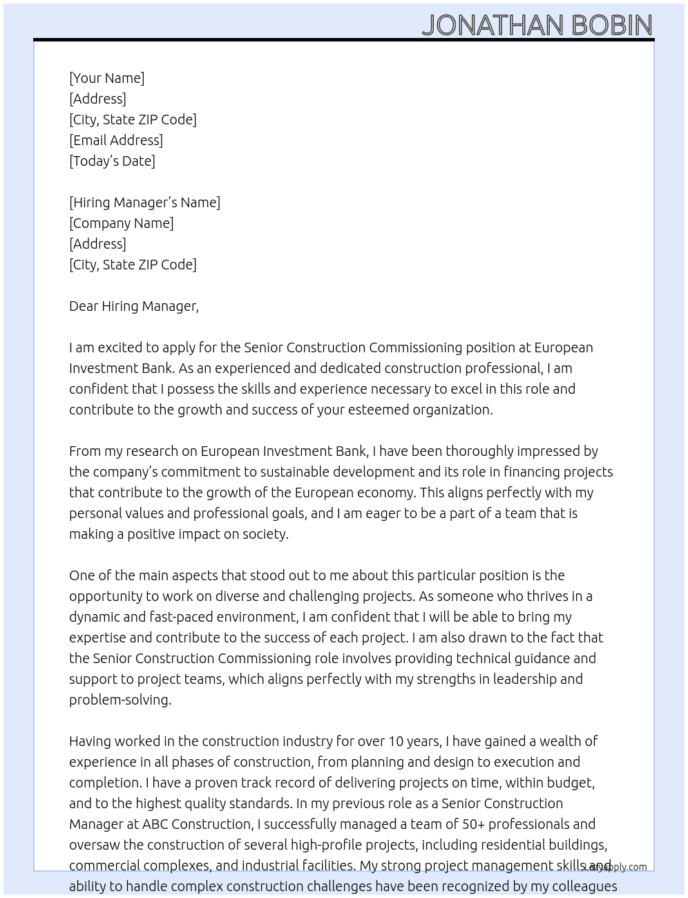 Senior Construction Commissioning At European Investment Bank  Cover Letter