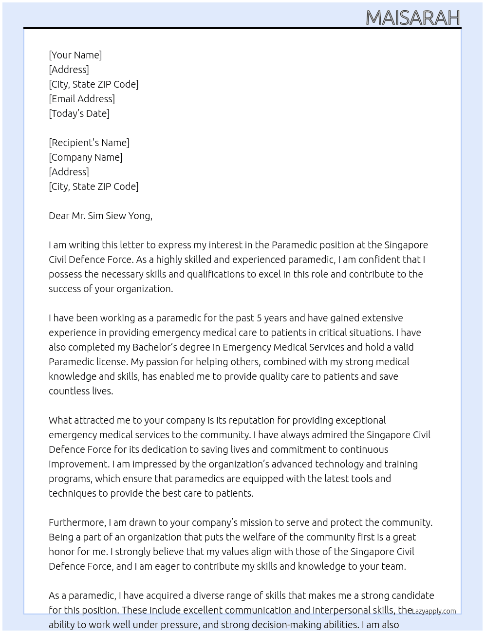 Paramedic At Singapre Covil Defence Force Cover Letter