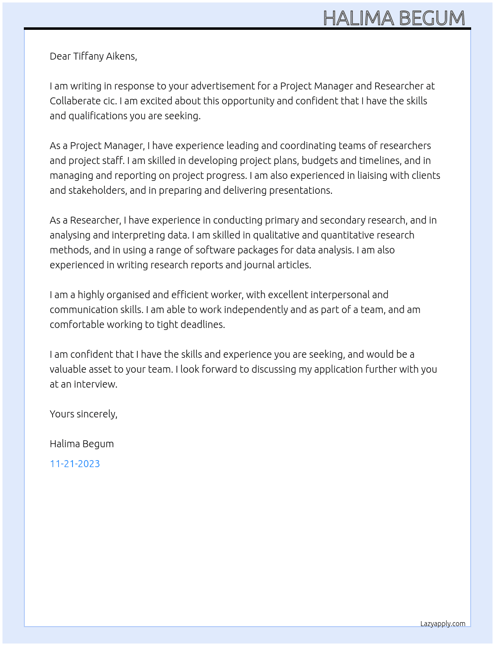 Project manager and researcher  At Collaberate cic Cover Letter