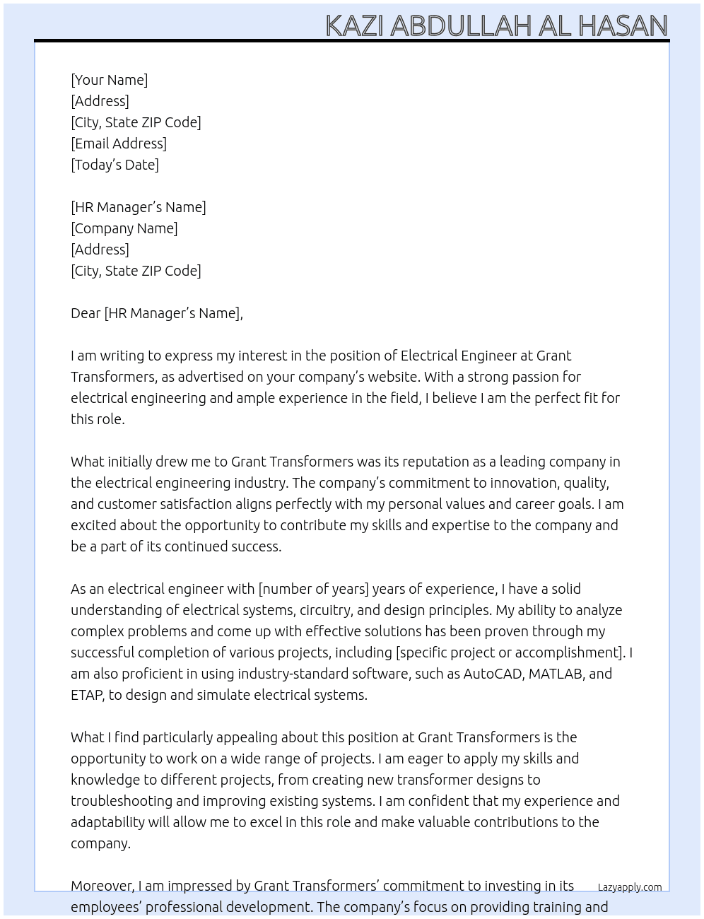 Electrical Engineer At Grant Transformers Cover Letter