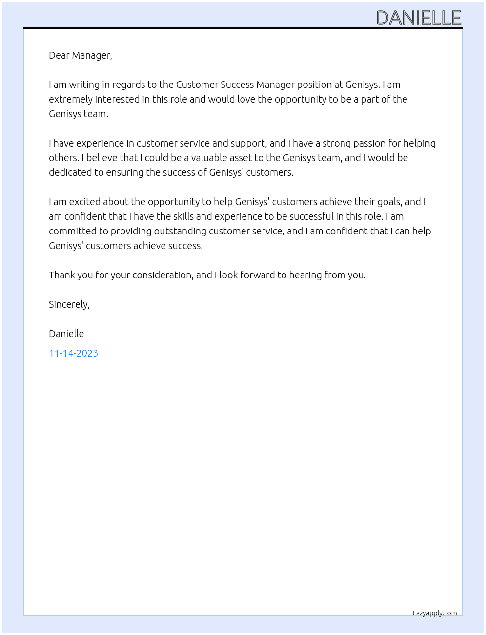 Customer Success Manager At Genisys Cover Letter