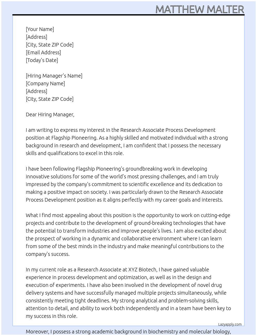 Research Associate Process Development  At Flagship Pioneering Cover Letter