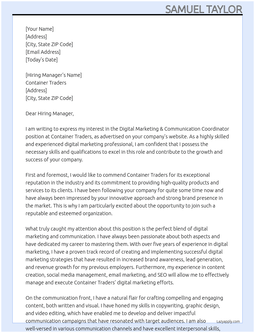Digital Marketing & Communication coordinator At Container Traders Cover Letter