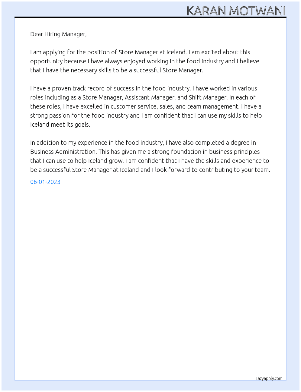 Store manager At Iceland Cover Letter
