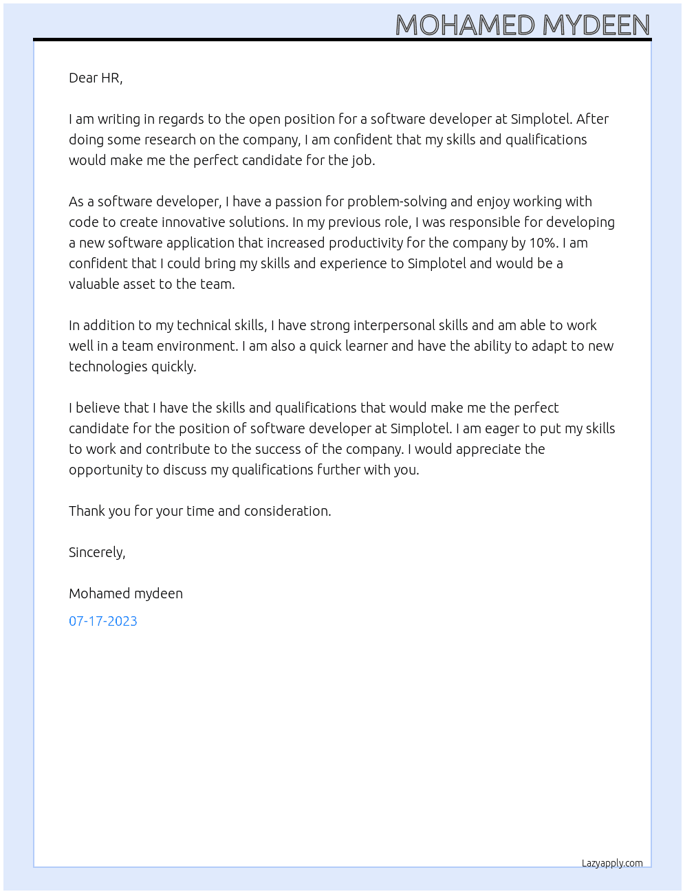 Software developer  At Simplotel Cover Letter