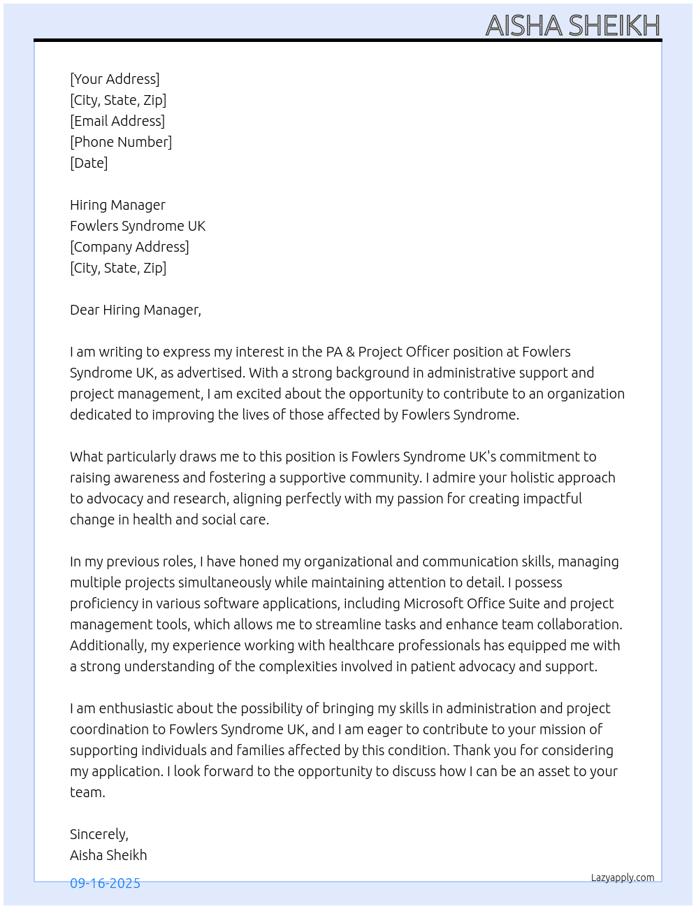 Cover letter for pa & project officer - LazyApply