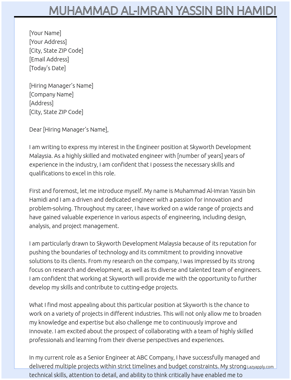 engineer At Skyworth Development Malaysia Cover Letter