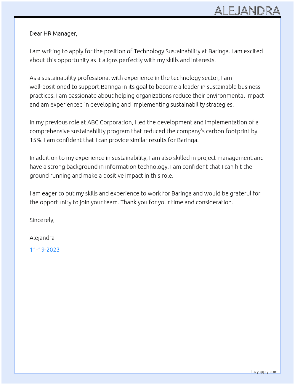 technology sustainability At Baringa Cover Letter
