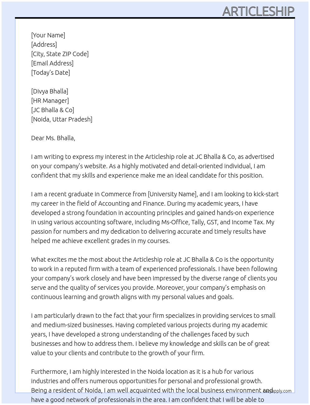 Articleship  At JC Bhalla & co Cover Letter