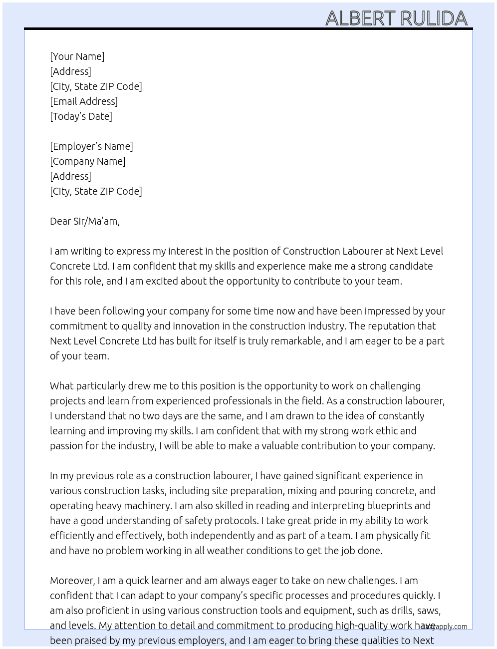 construction labourer At Next level concrete Ltd Cover Letter