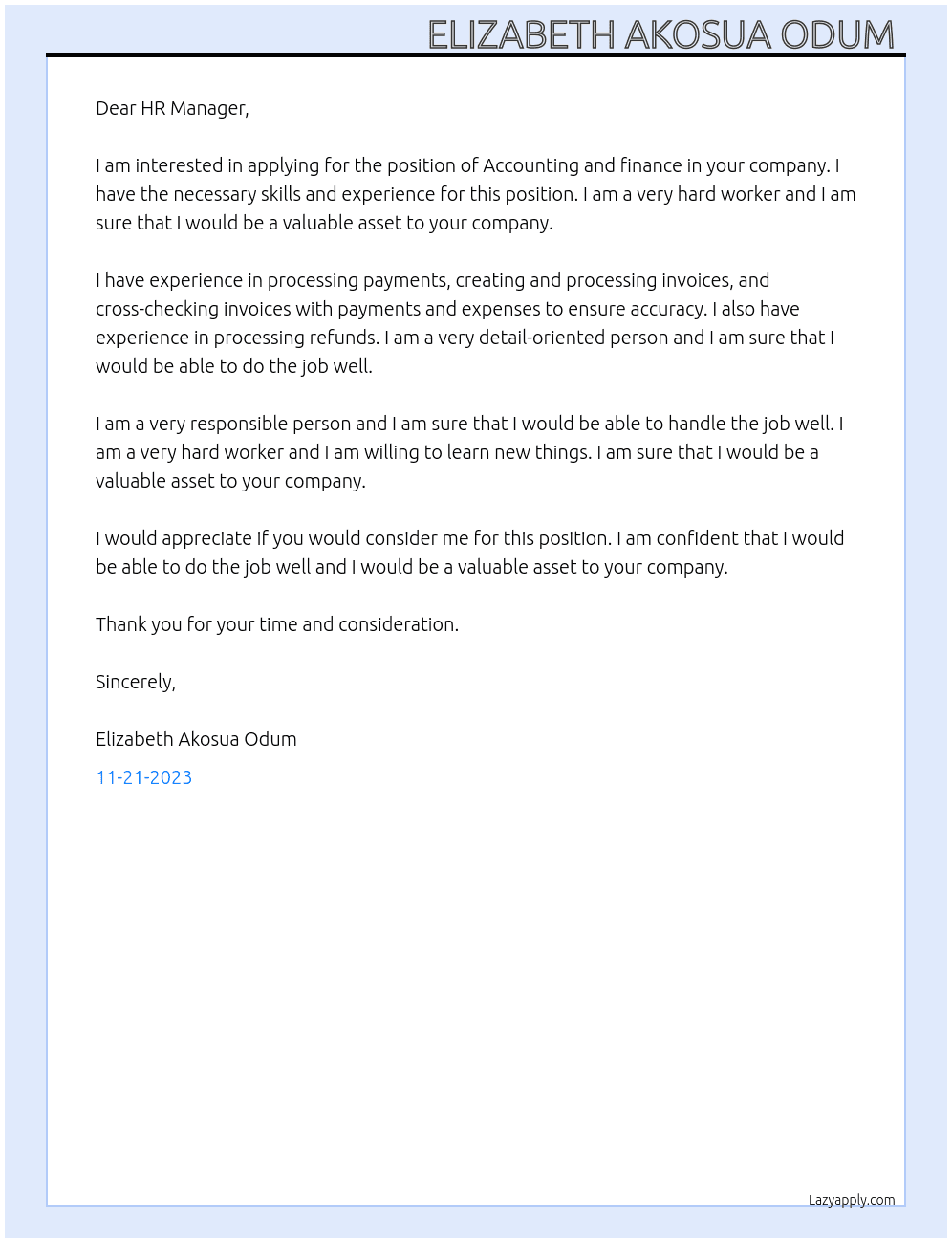 Accounting and finance  At Fine Print Limited  Cover Letter