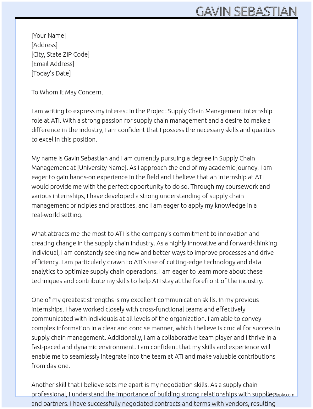 Project Supply Chain Management At ATI Cover Letter