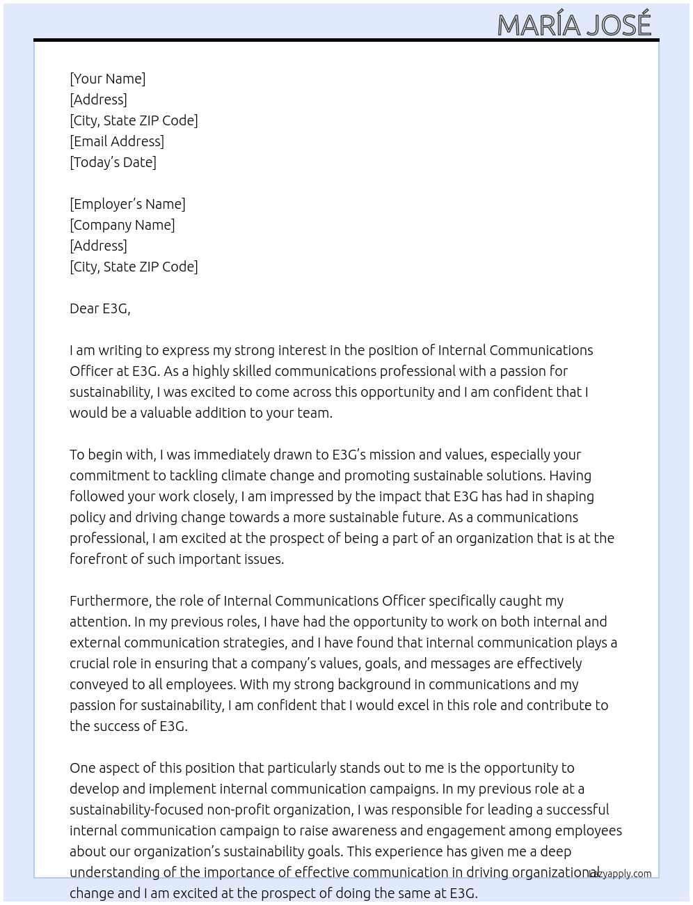 NTERNAL COMMUNICATIONS OFFICER At E3G Cover Letter