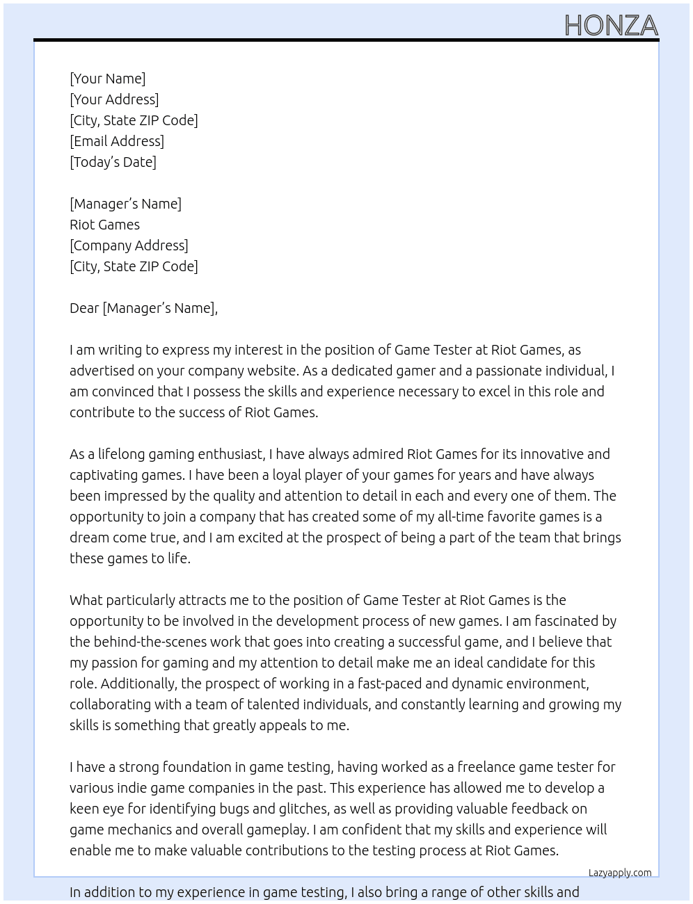 Game Tester At Riot games Cover Letter