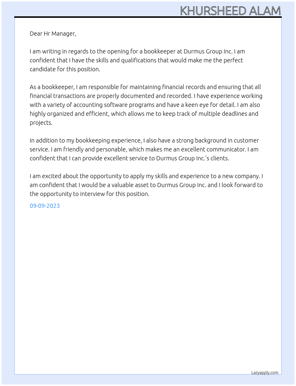 Bookkeeper At Durmus Group Inc. Cover Letter
