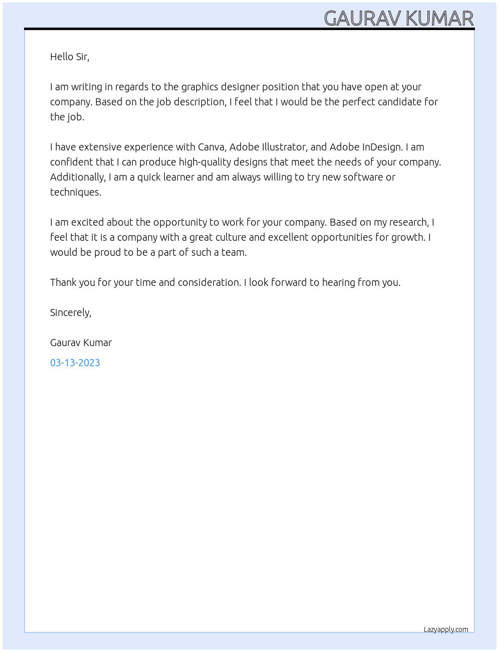Graphics designer  At Other Cover Letter