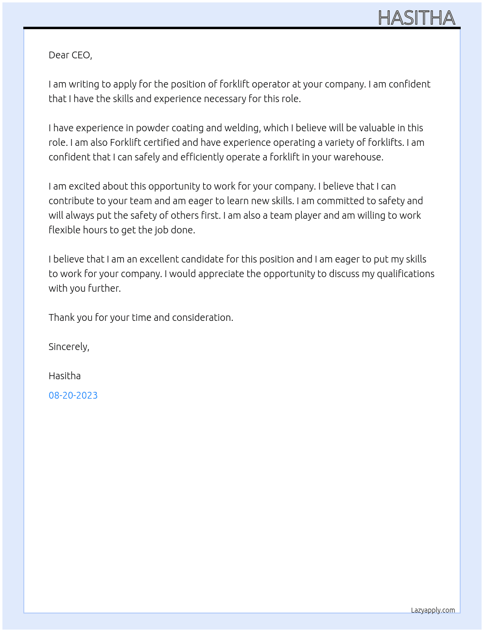 forklift operator At ... Cover Letter