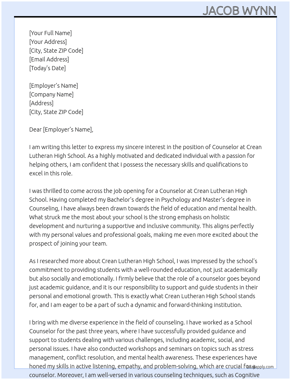 Counselor  At Crean Lutheran High School Cover Letter