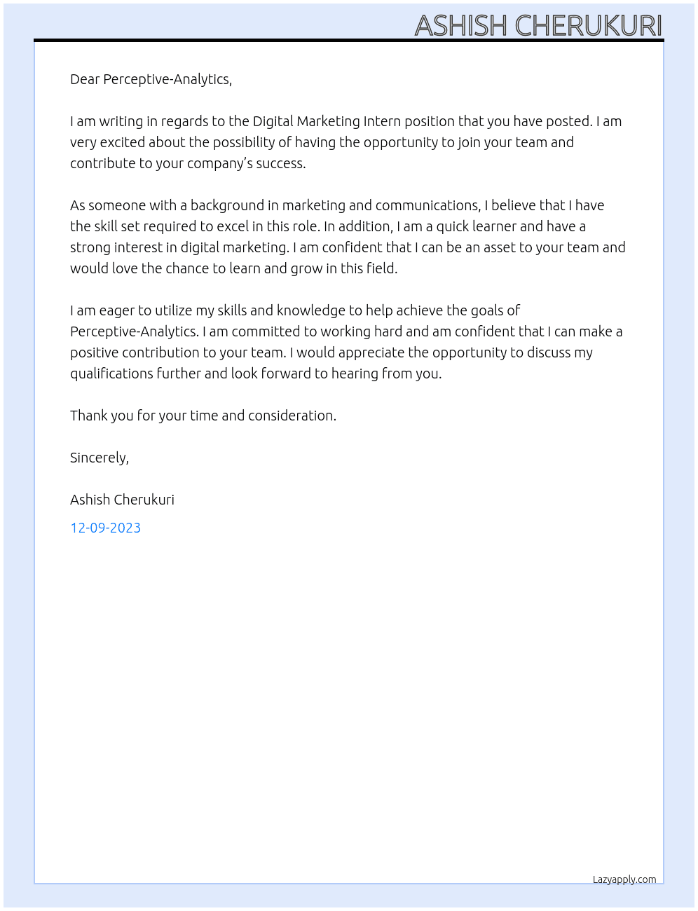 Digital Marketing Intern At Perceptive-Analytics Cover Letter