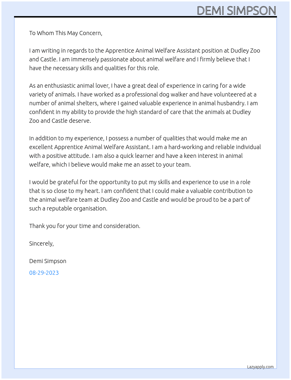 Apprentice Animal Welfare Assistant At Dudley Zoo and Castle  Cover Letter
