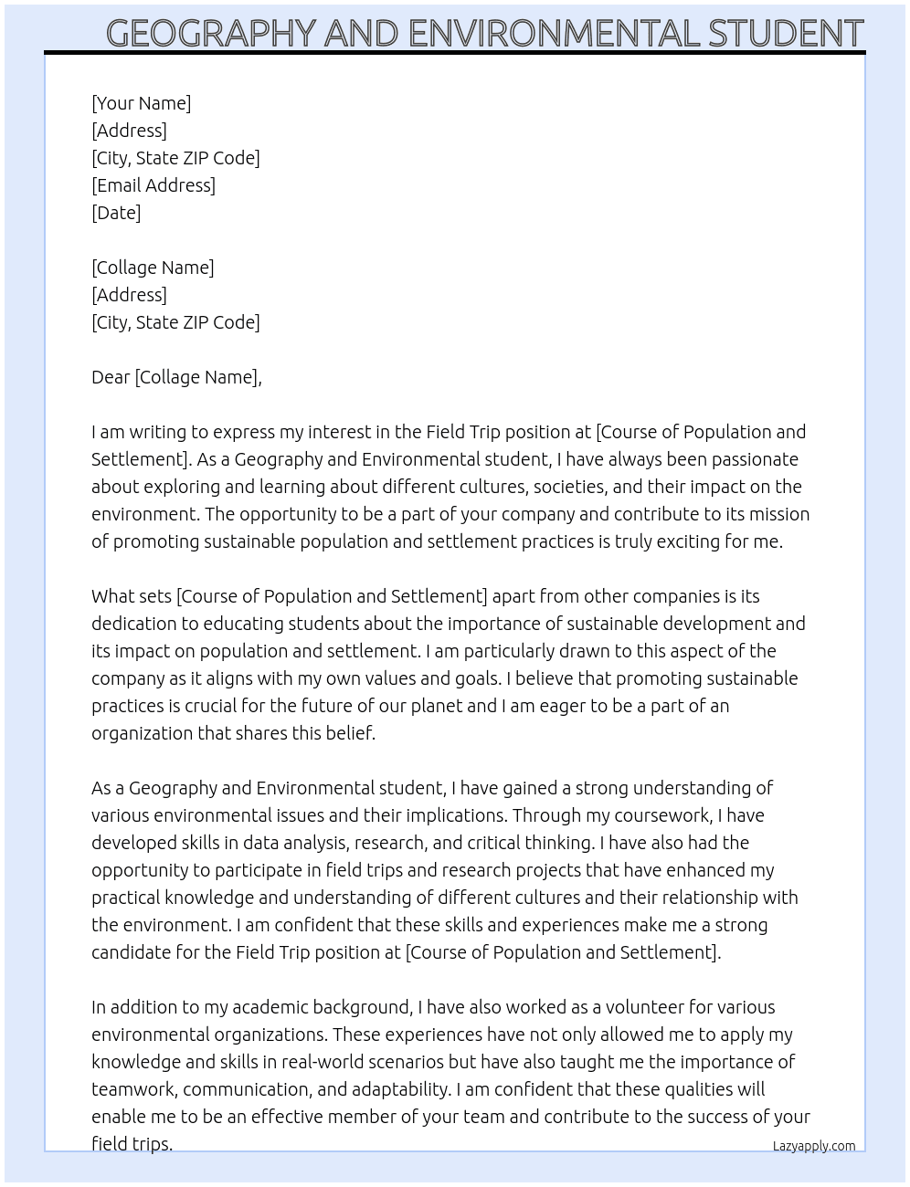 field trip  At course of population and settlement  Cover Letter