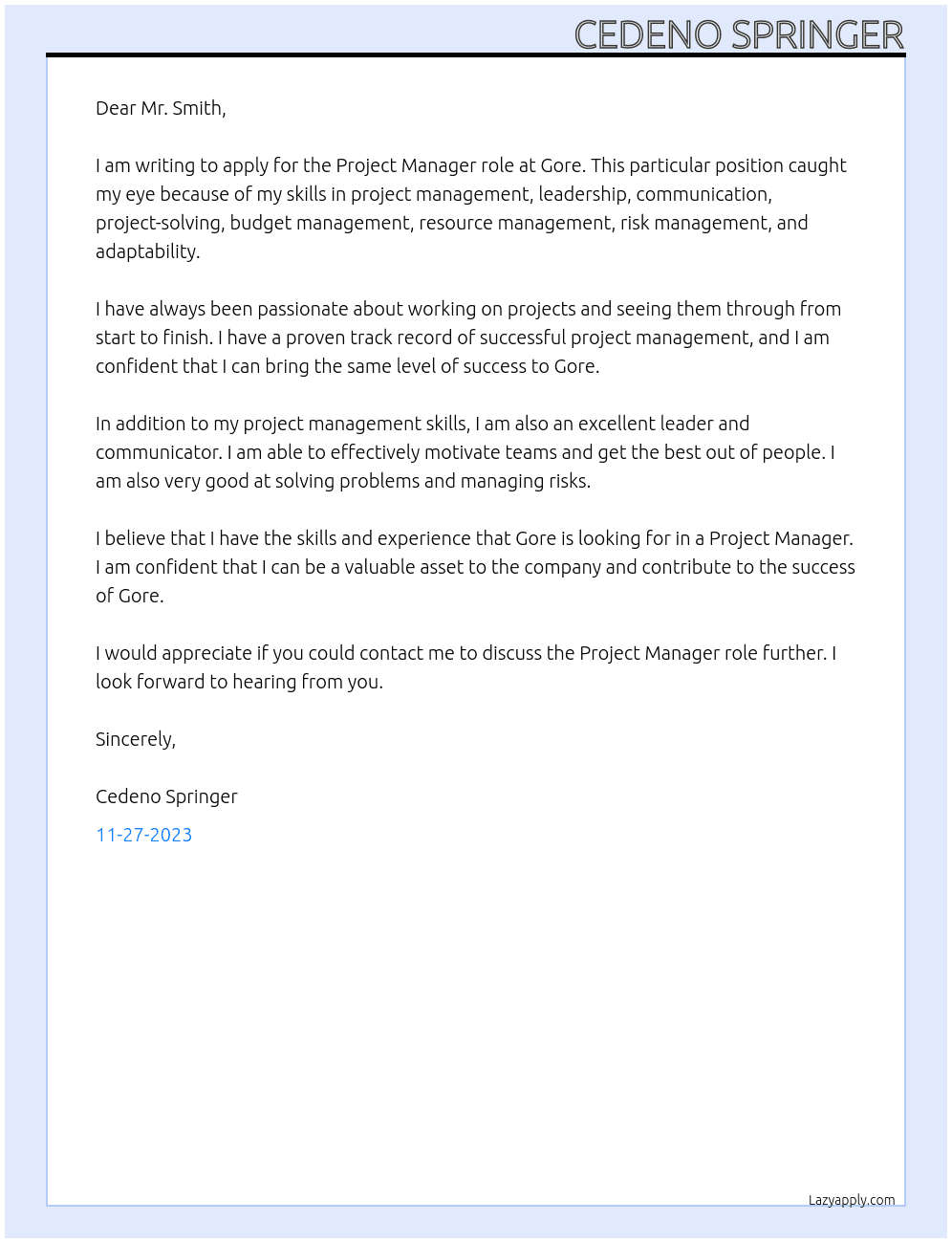 Project Manager At Gore Cover Letter