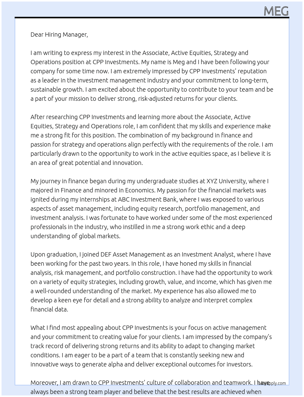 Associate, Active Equities, Strategy and Operations At CPP Investments Cover Letter