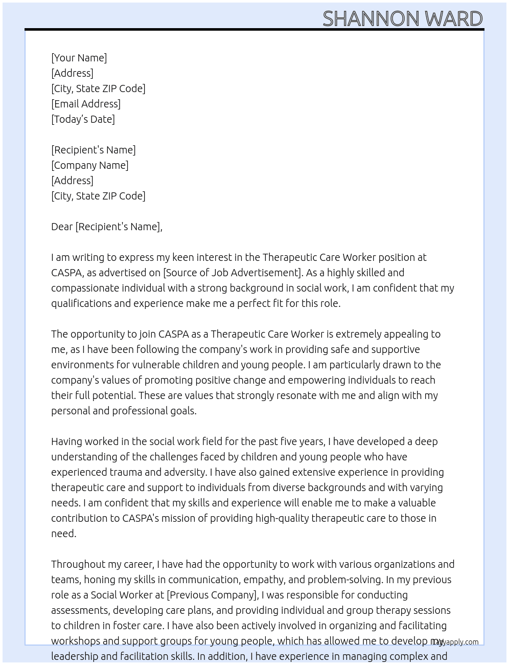 Theraputic Care Worker At CASPA Cover Letter