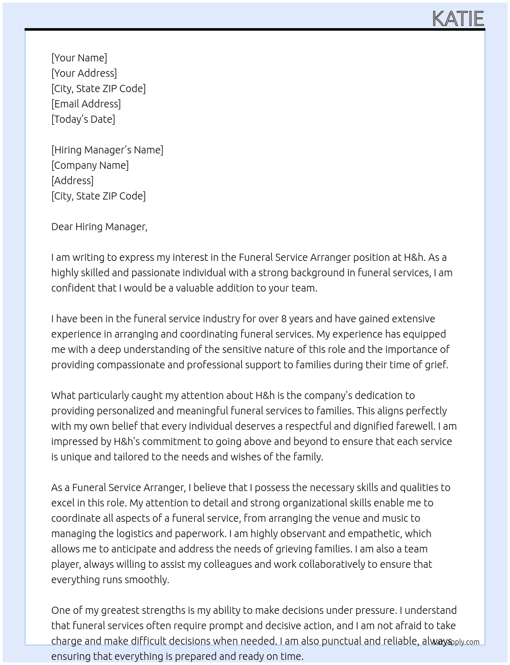 Cover letter for funeral service arranger - LazyApply